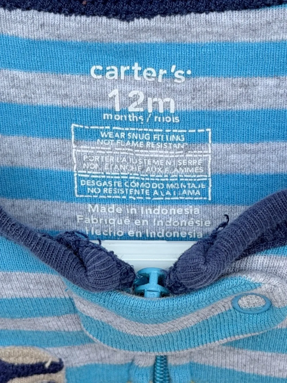 6-9 MTH Carter's Blue & Gray Striped Footed One-Piece with Puppy Applique